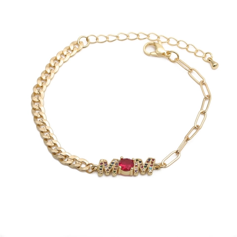Punk Hip Hop MOM Letter Bracelet Copper Multi Color Zircon Red Center Stone Asymmetric Chain Adjustable Jewelry