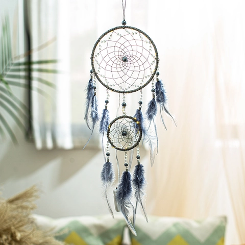 Handgefertigter Traumfänger Mit Federn Holzperlen Verschachtelten Ringen LED-Lichter Wanddekoration Schlafzimmer Boho-Stil