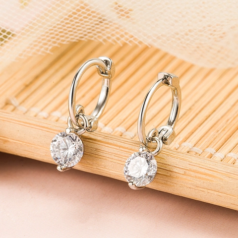 Silver Plated Copper Hoop Earrings Round Clear Zircon Dangle Minimalist Elegant Geometric Jewelry Accessory For Women