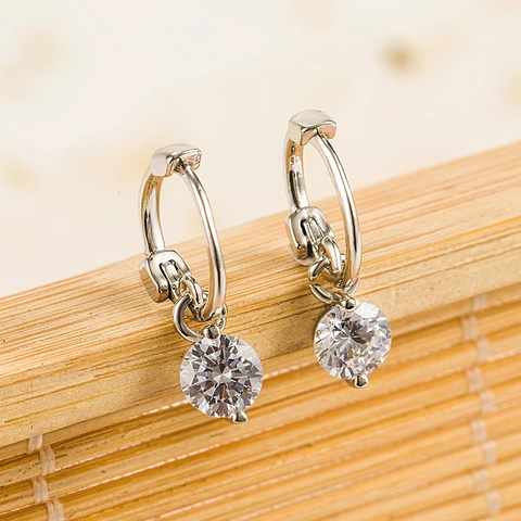 Silver Plated Copper Hoop Earrings Round Clear Zircon Dangle Minimalist Elegant Geometric Jewelry Accessory For Women