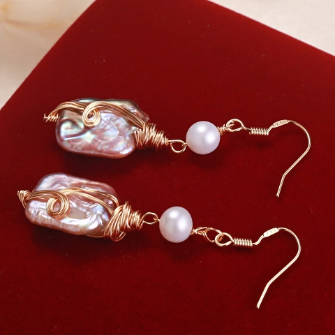 Baroque Freshwater Pearl Drop Earrings With Earring Post Handmade Wire Wrapped Vintage Elegant Women