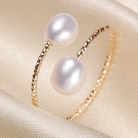 Elegant Freshwater Pearl Ring Gold Filled Adjustable Open Bypass Double Pearl Delicate Jewelry Accessories For Women