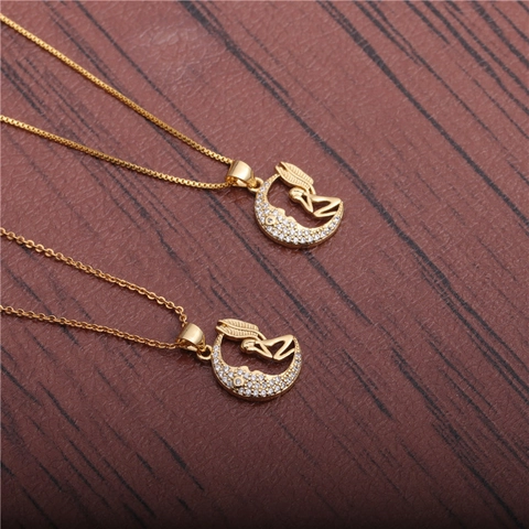 Engel Zittend Op Halve Maan Hanger Ketting Koper Micro Ingelegd Zirconia Verguld Mode Sieraden Voor Vrouwen