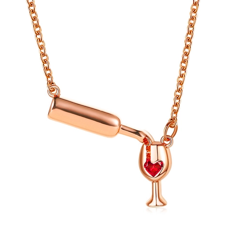 Collier Pendentif Bouteille De Vin Versant Verre Zircon Cœur Rouge Bijoux En Cuivre Pour Femmes Cadeaux De Fête Élégant
