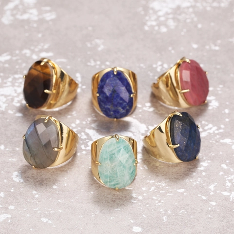Facettierter Naturstein Ring Verstellbar Breites Band Kupfer Vergoldet Vintage Böhmisch Lapis Lazuli Labradorit Für Damen