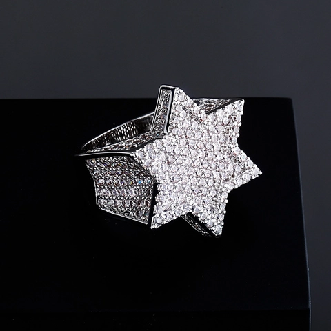 Hip Hop Star Ring Copper With Zirconia Iced Out Bling Oversized Star Of David Streetwear Jewelry For Men And Women