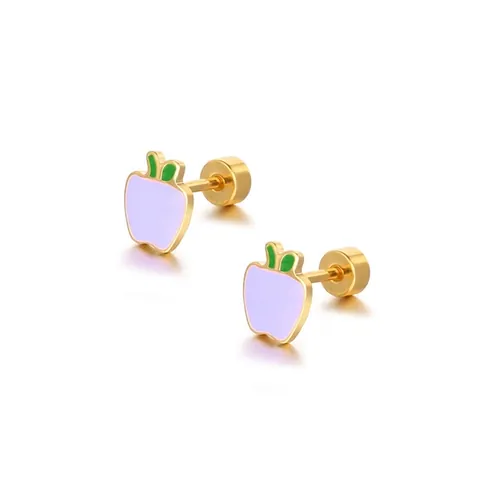 Apple Stud Earrings Gold Plated Stainless Steel Enamel Cute Fruit Mini Jewelry With Ball Screw Back For Women Kids