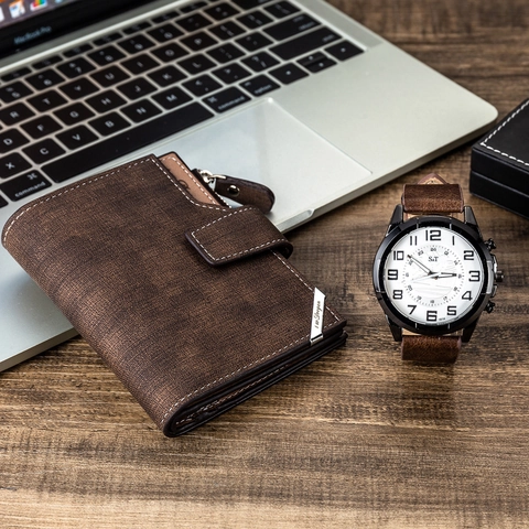 Men's Gift Set Includes PU Leather Quartz Watch and Business Wallet With Texture Alloy Case Casual Style In Gift Box