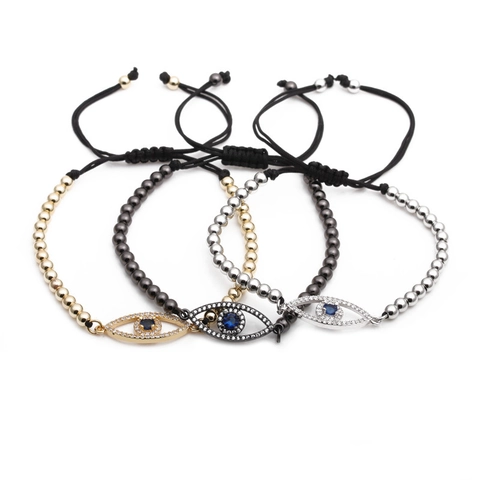 Pulsera Evil Eye Cobre Circonitas Cúbicas Micro Pavé Cordón Trenzado Ajustable Cuentas Metálicas Joyas