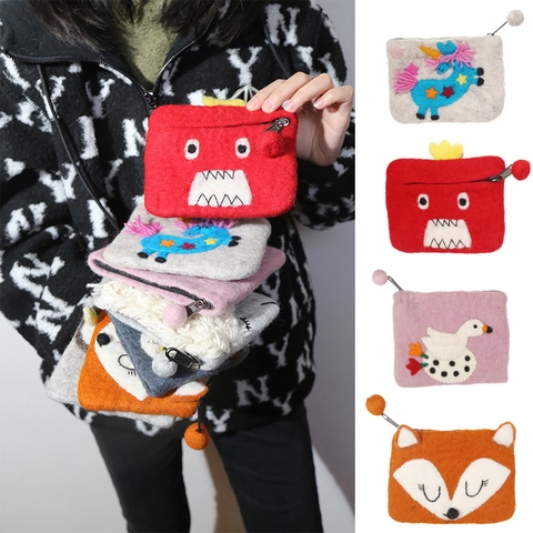 Handmade Wool Felt Coin Purse Cute Cartoon Animal Pattern Zipper Small Wallet Pouch Bag Storage For Change Keys Jewelry