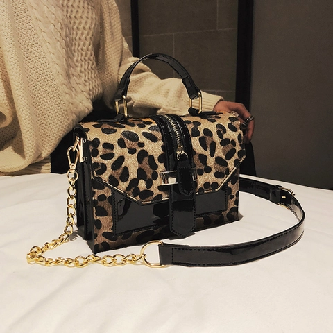 Leopard Print Glitter Patent Leather Small Square Bag With Gold Chain Strap Crossbody Handbag For Women Fashion Trend
