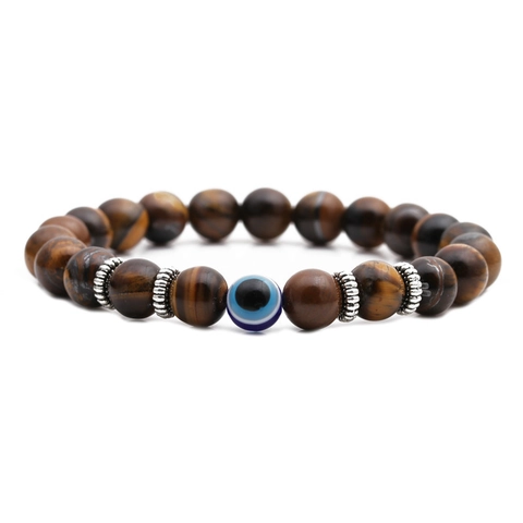 Natural Tiger Eye Stone Evil Eye Beaded Bracelet For Men Women Handmade Elastic Volcanic Rock Agate Fashion Jewelry Gift