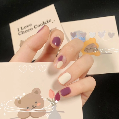 Unghie Finte Lucide Viola Crema Forma Quadrata Rotonda Corta Impermeabile Rimovibile Stile Semplice Dolce Per Donne Ragazze