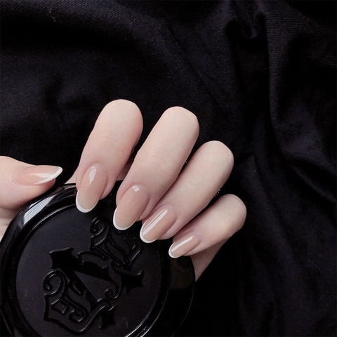 Faux Ongles À Presser Français Base Rose Nude Pointe Blanche Brillant Ovale Imperméable Amovible Plastique Pour Femmes