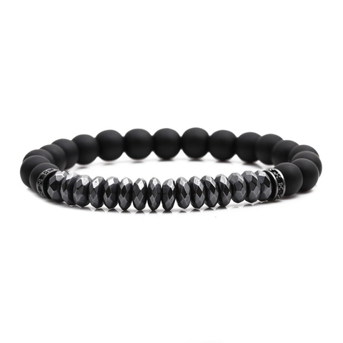 Matte Black Frosted Stone And Faceted Hematite Beaded Bracelet With Rhinestone Alloy Spacers For Men Women