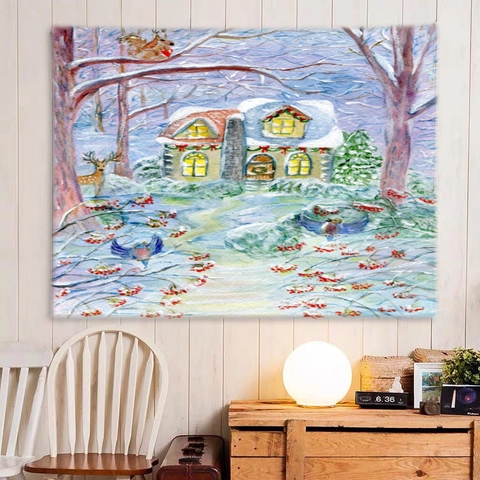 Kerst Wandtapijt Polyester Winter Sneeuwscène Houten Hut Wandkleed Voor Slaapkamer Woonkamer Slaapzaal Feestelijke Decoratie