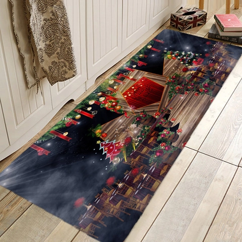 Christmas Floor Mat Non Slip Absorbent Flannel Rug Merry Christmas Santa Reindeer Entryway Kitchen Decoration