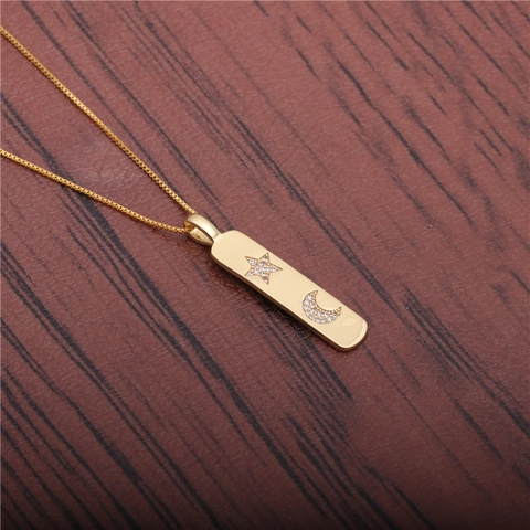 Anhänger Halskette Kupfer Goldfarben Stern Und Mond Rechteckige Bar Zirkonia Schmuck Für Frauen Trendig Elegant