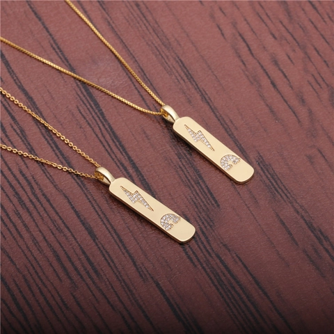 Kupfer Anhänger Halskette Rechteck Tag Blitz Regenbogen Zirkonia Trendy Hip Hop Schmuck Für Damen
