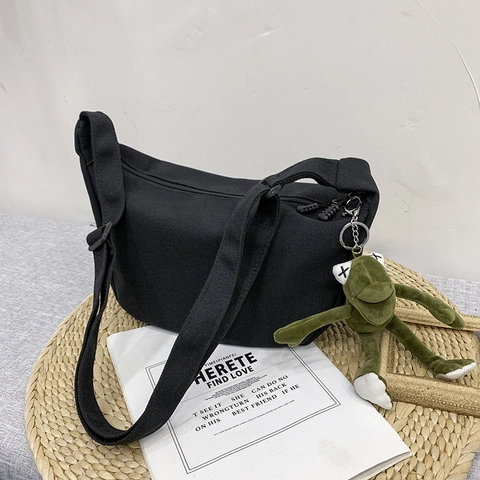 Borsa A Tracolla In Tela Donna Grande Capacità Mezzaluna Borsa A Spalla Streetwear Giapponese Casual Con Portachiavi Rana