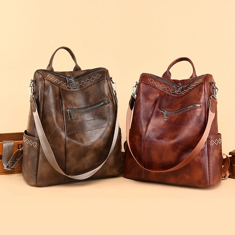 Fashion Women PU Leather Backpack Rivet Large Capacity Multi Functional Travel Shoulder Bag Waterproof Soft Casual Daily