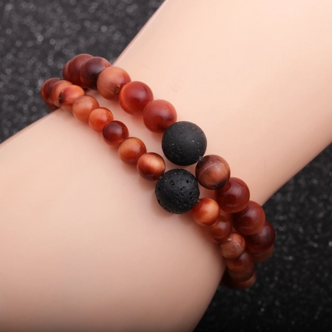 Natural Tiger Eye Stone And Black Volcanic Lava Stone Beaded Bracelet Elastic Energy Jewelry For Men