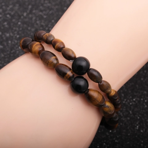 Tiger Eye Stone Beaded Bracelet Natural Oval Beads Handmade Stretch Elastic Jewelry Gift For Men Women