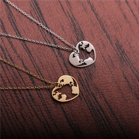 Collana Con Ciondolo A Cuore Mappa Del Mondo Cavo Acciaio Inossidabile Gioielli Per Donne Viaggiatrici