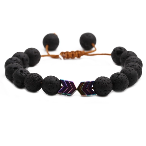 Men Lava Stone Beaded Bracelet Handmade Woven Adjustable Cord Arrow Metal Charm Punk Style Jewelry