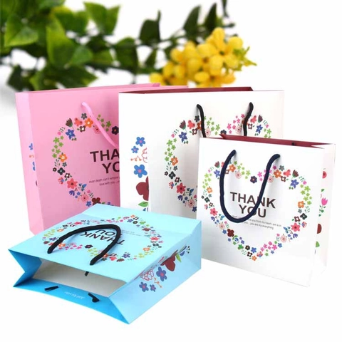 Bolsas De Regalo De Papel Thank You Con Corazón Floral Y Asas Tejidas Para Recuerdos De Bodas Y Cumpleaños
