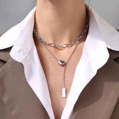 Collana A Doppio Strato Acciaio Al Titanio Placcato Oro Pendente Geometrico Piastra Quadrata Gioielli Minimalisti