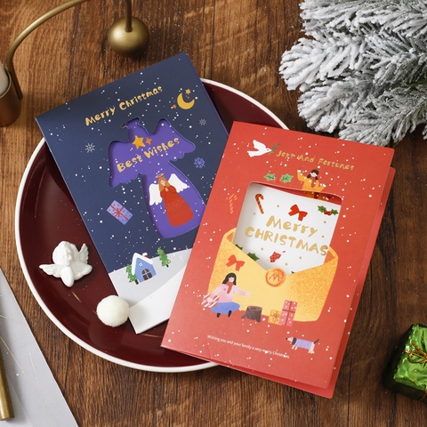 Vintage Christmas Greeting Cards Special Paper Hollow Laser Cut Gold Stamping With Envelopes Festive Blessing Gifts