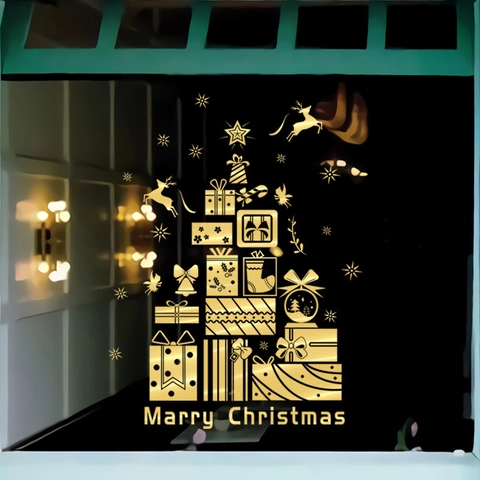 Christmas Window Clings Gold Stamped Static Cling Reindeer Gift Box Tree Star Glass Decals Holiday Home Decoration