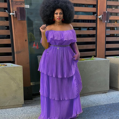 Off Shoulder Plissiertes Etagen Maxikleid Chiffon Gestuftes Tortenrock Strandurlaub Party Elegant