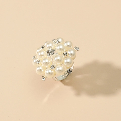 Large Flower Cluster Artificial Pearl Ring With Rhinestones Alloy Adjustable Opening Statement Cocktail Jewelry For Women