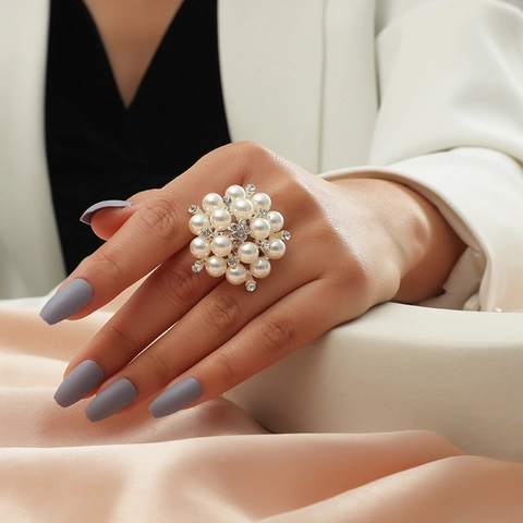 Large Flower Cluster Artificial Pearl Ring With Rhinestones Alloy Adjustable Opening Statement Cocktail Jewelry For Women