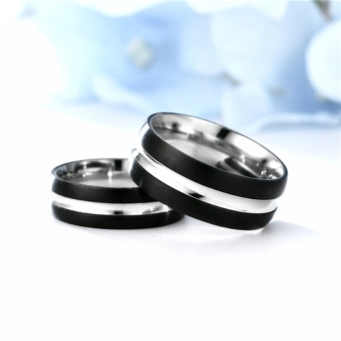 Anello A Fascia In Acciaio Inossidabile Bicolore Nero Argento Spazzolato Lucido Minimalista Gioielli Di Moda Per Uomini Donne Coppia