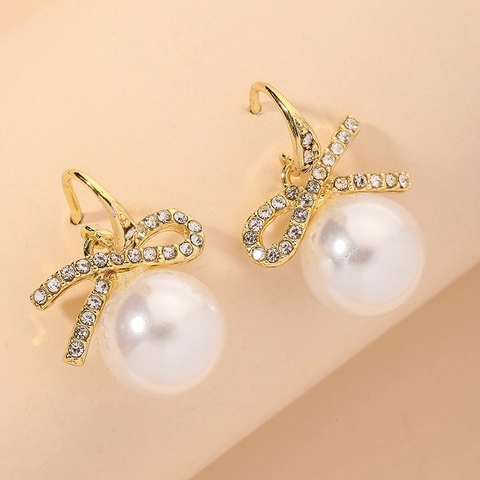 Orecchini Pendenti Eleganti Con Fiocco In Lega Con Strass E Imitazione Perla Artificial Bianca Per Donne