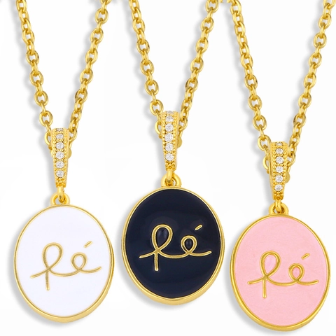 Collar Colgante Cobre Chapado En Oro 18K Esmalte Redondo Escritura Fe Con Circón Para Mujeres Joyería Elegante Simple