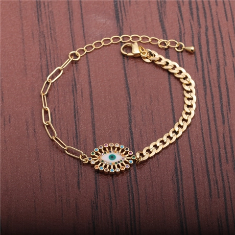 Bracciale A Catena Cubana Malocchio Rame Smalto Colorato Zirconia Gioielli Regolabili Donna Uomo