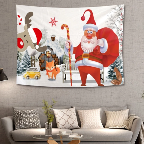 Tapiz De Navidad Para Pared Poliéster Dibujos Animados Papá Noel Reno Muñeco De Nieve Decoración Fiesta Hogar Fondo