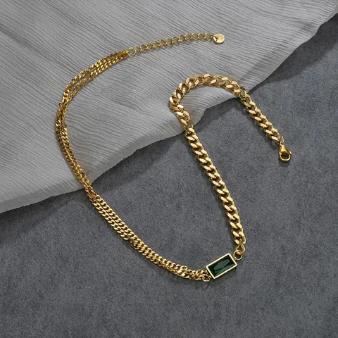 Asymmetrische Ketting Halsketting Roestvrij Staal Verguld Rechthoekige Groene Edelsteen Hanger Vintage Minimalistische Sieraden Dames