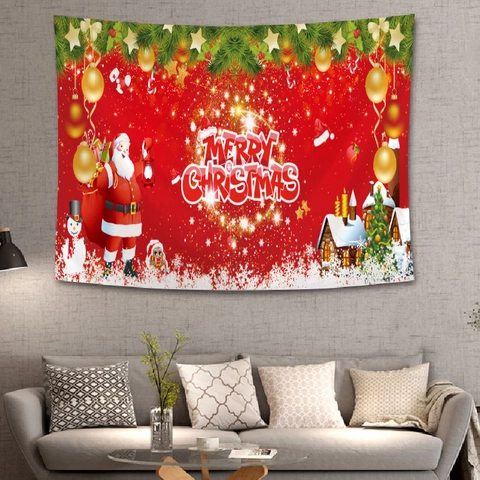 Arazzo Di Natale Da Parete Poliestere Decorazione Babbo Natale Renna Cielo Stellato Bosco Invernale