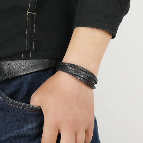 Bracciale In Pelle Intrecciata Multistrato Da Uomo Con Chiusura Magnetica In Lega Polsino Vintage Minimalista