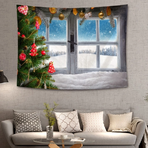Arazzo Da Parete Natalizio Poliestere Vista Finestra Neve Inverno Coperta Appesa Per Decorazione Camera Dormitorio