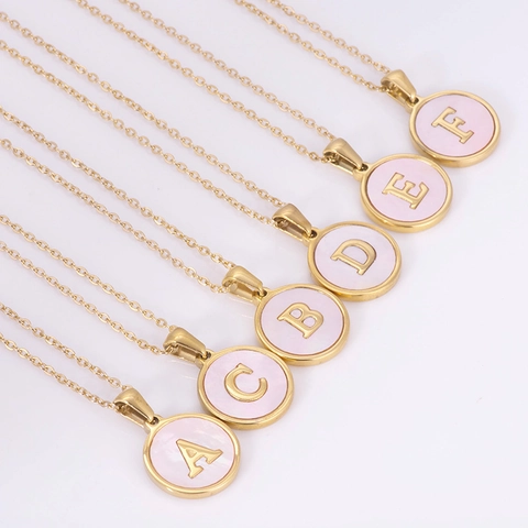 Initiaal Ketting Ronde Hanger Roze Schelp 18K Verguld Roestvrij Staal Minimalistische Dagelijkse Mode Sieraden Voor Dames