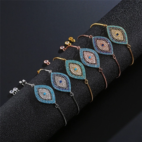 Evil Eye Bracelet For Women Copper Brass Micro Pave Zircon Adjustable Slider Chain Fashion Lucky Jewelry Charm Gift