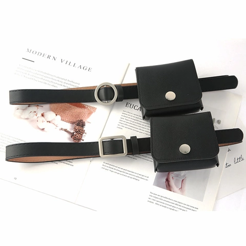 Women Belt Bag Fashion PU Leather No Hole Waist Belt With Mini Square Pouch Silver Buckle Casual Streetwear