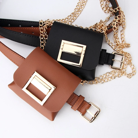 Damen Mode Kunstleder Gürteltasche Mit Abnehmbarem Gürtel Metall Quadratische Schnalle Dekor Goldene Kette Mini Tasche Vielseitige Umhängetasche
