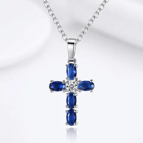 Cross Pendant Necklace With Blue Oval Zircon Silver Plated Copper Simple Elegant Fashion Clavicle Chain For Women